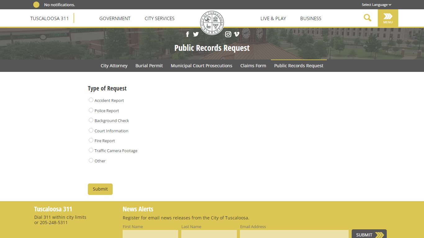 Public Records Request - City of Tuscaloosa